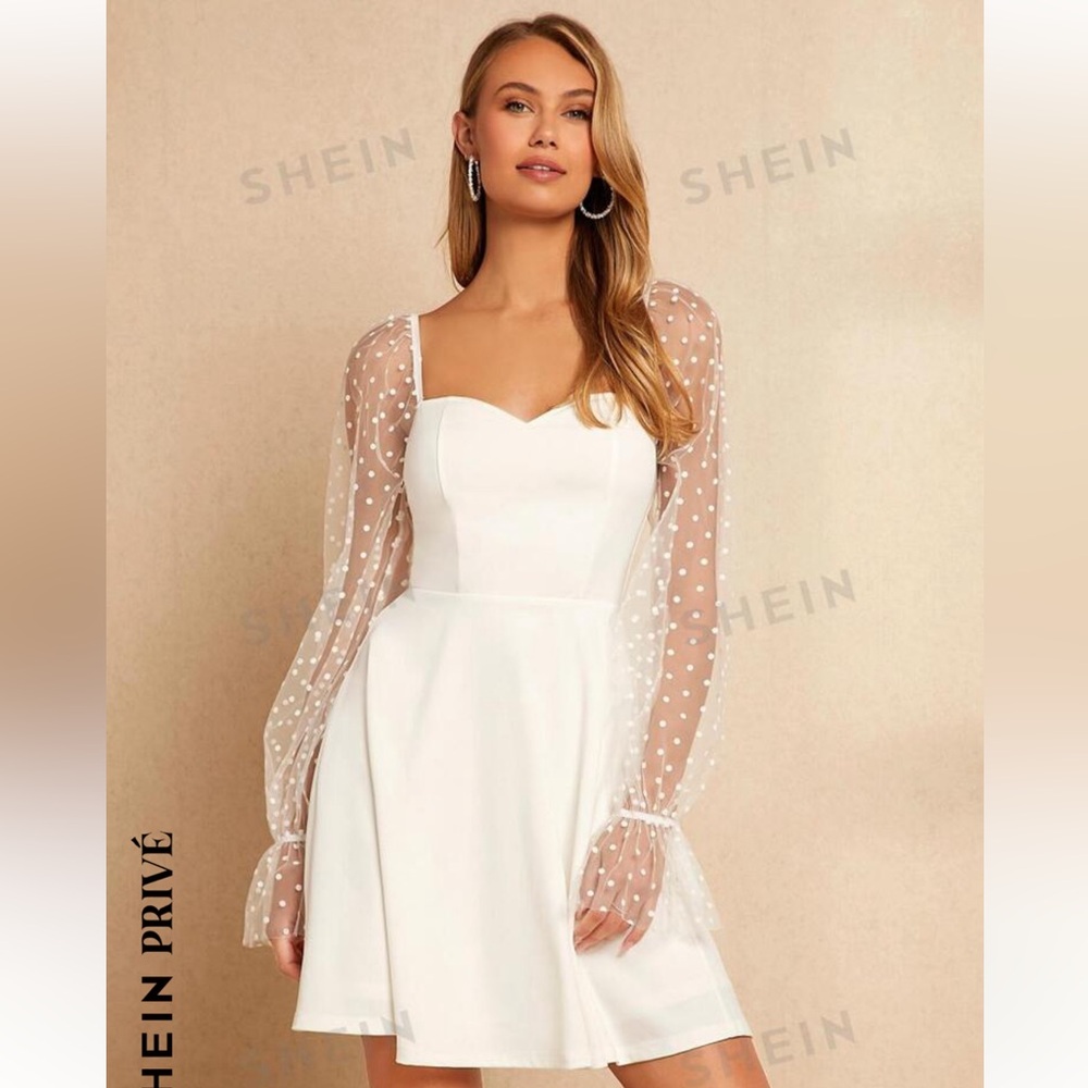SHEIN Contrast Dobby Mesh Flounce Sleeve Dress - S(4)